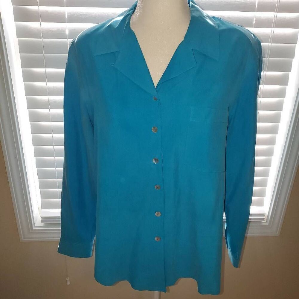 Anne Carson 100% Silk Teal Blue Vintage Button Collared Blouse Size Large